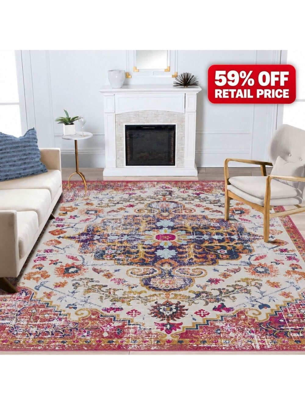 Brand New LOOMY Washable Area Rug – Beige/Blue/Orange, 8' × 10'